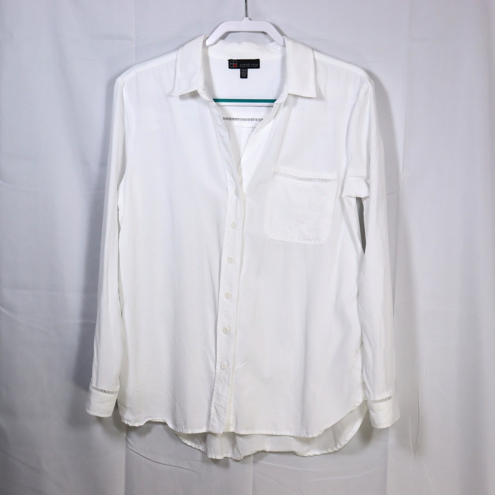 Carre Noir Button Down Shirt M White Womens Tencel Ladder Trim‎ Blouse